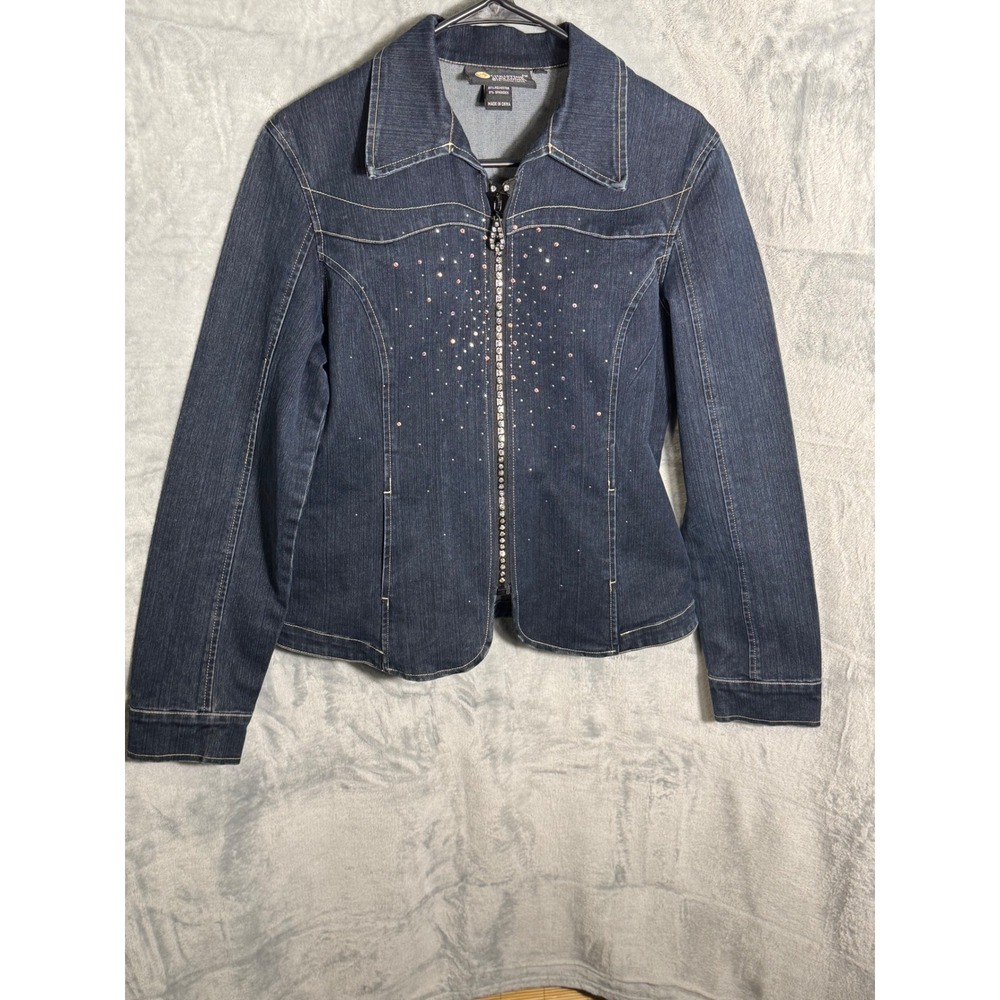 Christine Alexander‎ Women's Denim Jacket Rhinestone Zip Front Blue Size S